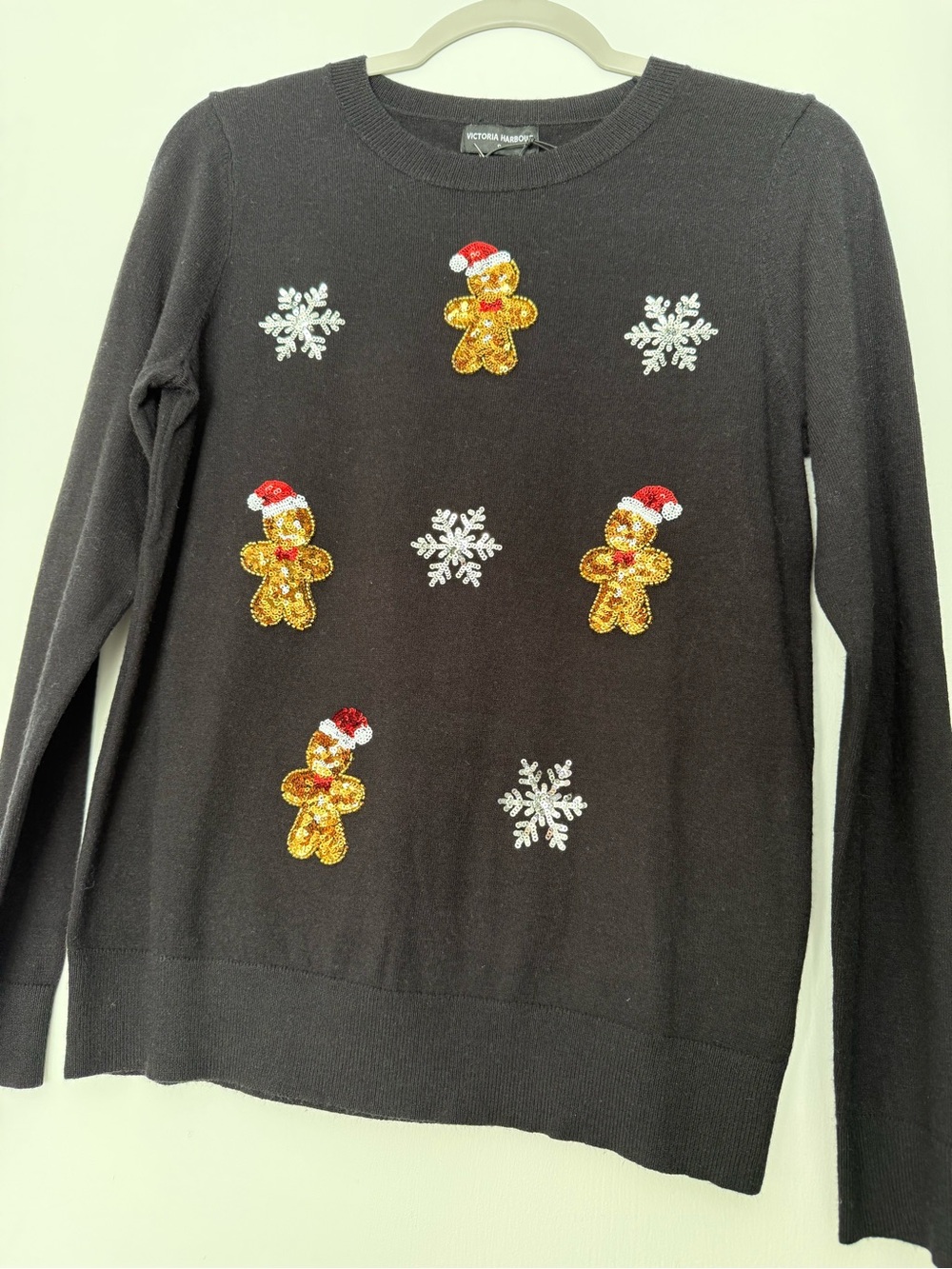 Victoria Harbor Women’s Small Black Embroidered Gingerbread Holiday Sweater NWT